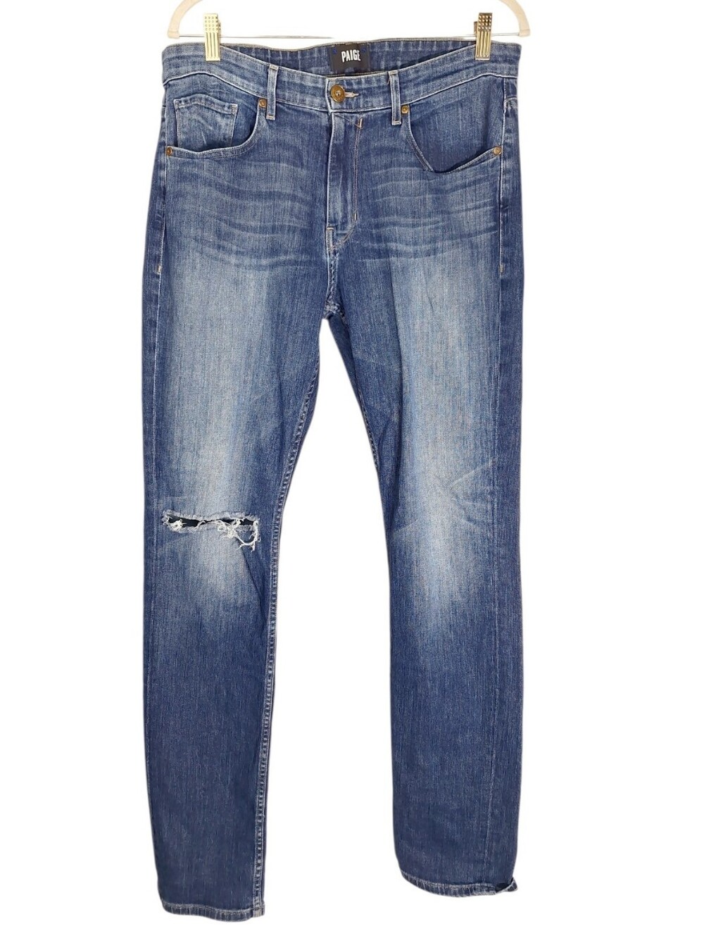 Mens Paige Denim Federal Sz 33 Fits 34x34 Blue Straight Stretch Distressed